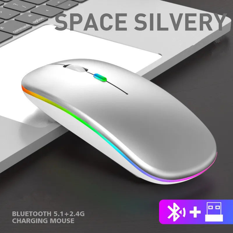 Mouse Sem Fio Recarregavel com LED Luminoso Bluetooth 2.4G / Wi-fi Life Store Prateado 